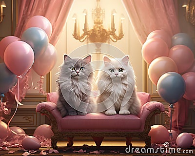 Two beautiful cats in a luxurious classic interior with balloons and decorations. Stock Photo