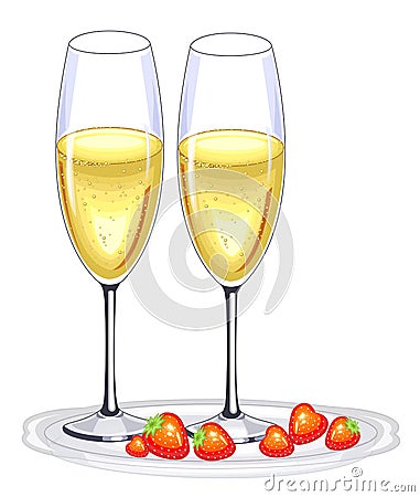 Two beautiful crystal glasses of champagne wine and red strawberries. Decoration of the festive table for the New Year, Christmas Cartoon Illustration