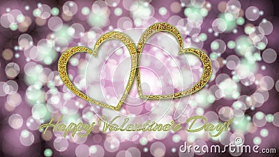 Two beautiful golden shiny beautiful hearts with love inscription Valentine`s Day and neon effect on a purple pink background wit Cartoon Illustration