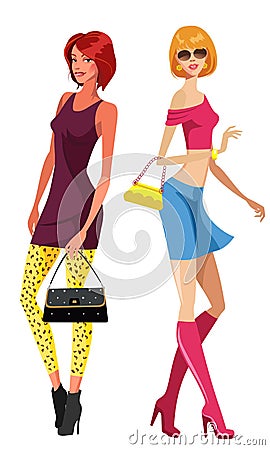 Two beautiful models in fashionable clothes. Vector illustration. Vector Illustration
