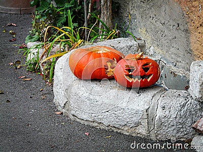 Two beautiful orange pumpkin carvings for the Halloween party Stock Photo