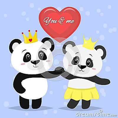 Two beautiful pandas with crowns on their heads stand with their hands, a red heart in a cartoon style. Vector Illustration