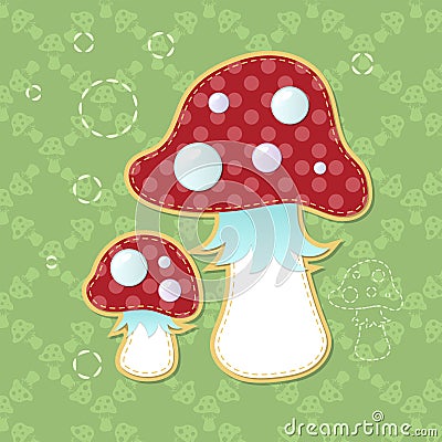 Two beautiful poisonous fly agarics on a green background. Cartoon Illustration