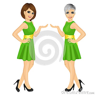 Two beautiful professional fair hostess women showing something Vector Illustration