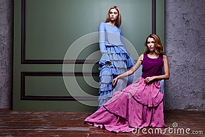 Two beautiful blond yang woman lady pretty wear long dress Stock Photo