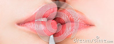 Two beautiful sexy lesbians in love. Lip care and beauty. Closeup of beautiful young woman healthy lips. Lesbian couple Stock Photo