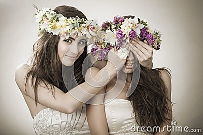 Two beautiful spring fairy , funny, friendship symbol Stock Photo