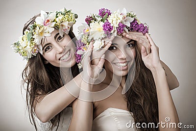 Two beautiful spring fairy , funny, friendship symbol Stock Photo