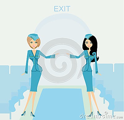 Two beautiful stewardess in blue uniforms Vector Illustration