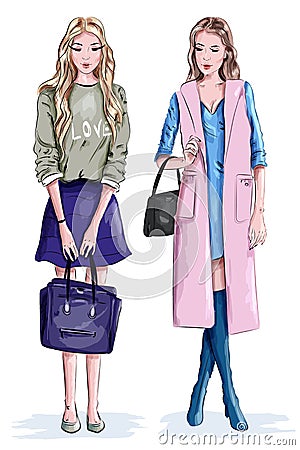 Two beautiful stylish girls with bags. Cute women in fashion clothes. Vector Illustration