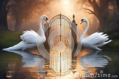 Two beautiful swans with mystical mystic divine gate and lake, angelic light like art, surreal, magic, magical concept for fairy Stock Photo
