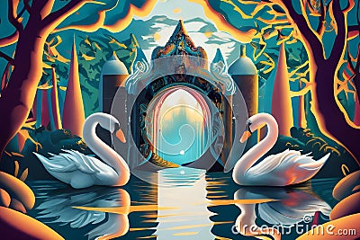 Two beautiful swans with mystical mystic divine gate and lake, angelic light like art, surreal, magic, magical concept for fairy Stock Photo