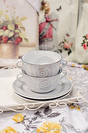 Two beautiful white cups and saucers Stock Photo