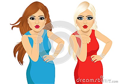 Two beautiful women blowing kiss Vector Illustration