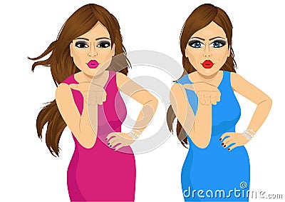 Two beautiful women blowing kiss Vector Illustration