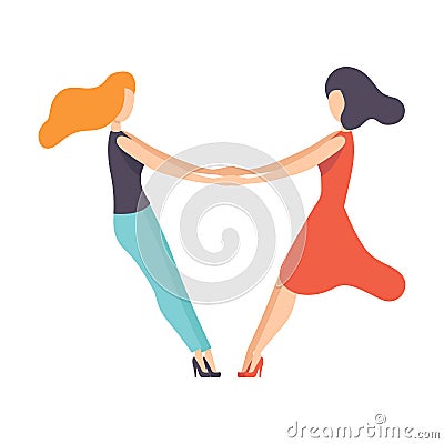 Two Beautiful Women Friends Holding Hands, Happy Meeting, Female Friendship Vector Illustration Vector Illustration