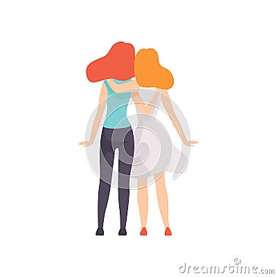 Two Beautiful Women Friends Hugging Standing Together, Back View, Female Friendship Vector Illustration Vector Illustration