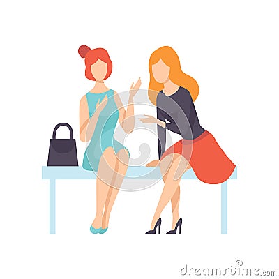 Two Beautiful Women Friends Sitting on Bench and Talking, Female Friendship Vector Illustration Vector Illustration