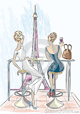 Two beautiful women sitting in cafe drinking cocktail and wine look at Eiffel Tower, Paris Cartoon Illustration