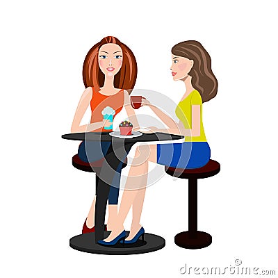 Two beautiful women sitting in a cafe and talking Vector Illustration