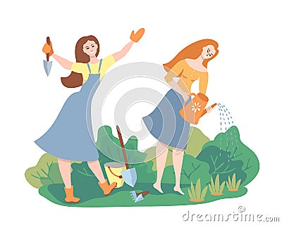 two girl garden work watering can shovel color back Vector Illustration