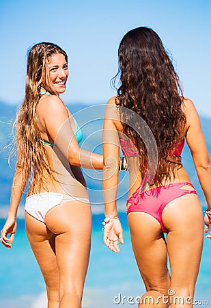 Two Beautiful Young Girls Beach Attractive Bikinis Walking Having Fun Best Friends Summer Lifestyle 44789850