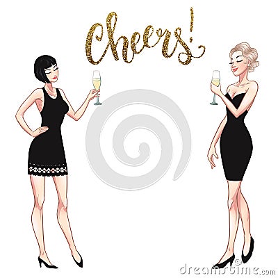 Two beautiful young women holding champagne glasses. Twenties retro party pin-up flapper girls in black dresses. Vector comic Vector Illustration