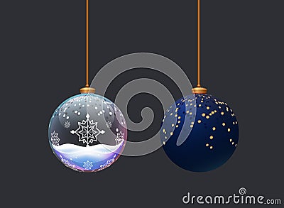 Two beautifull matte and glass balls. Toys for new year celebration. Christmass tree decoration elemenst. Crystall Ball Vector Illustration