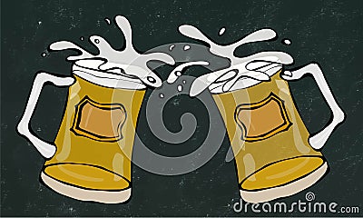 Two Beer Mugs With Light Ale or Lager. Clink with Splash. on a Black Chalkboard Background. Realistic Doodle Vector Illustration