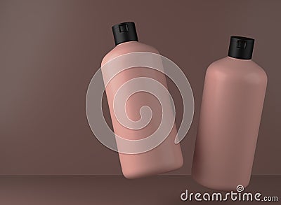 Two beige plastic shampoo bottles floating on studio background, 3D render of cosmetic packaging design ready mockup Stock Photo