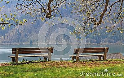 Two benches, idyllic lake schliersee Stock Photo