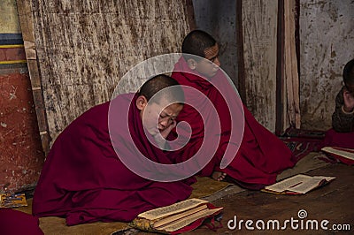 Two Bhutanese young novice monks chanting, Bhutan , Himalayan Editorial Stock Photo