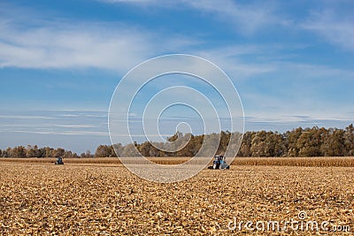 Two big blue tractor plowing the ground after harvesting corn crop on a sunny, clear, autumn day. Stock Photo