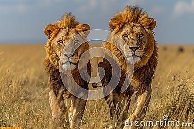 Two big cats from the Felidae family are running together in a grassy Ecoregion Stock Photo