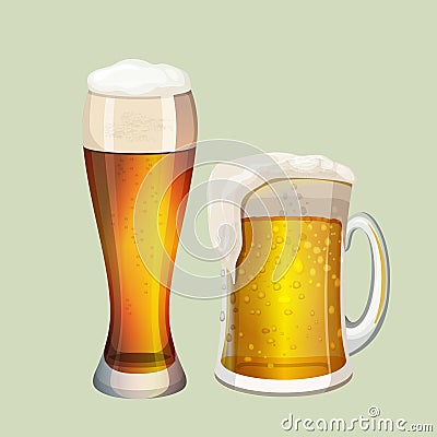 Two big glasses with frothy beer graphic icon on gray Vector Illustration