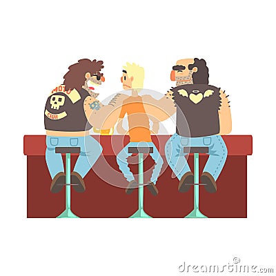 Two Biker Gang Members Scarying Skinny Bar Client, Beer Bar And Criminal Looking Muscly Men Having Good Time Vector Illustration