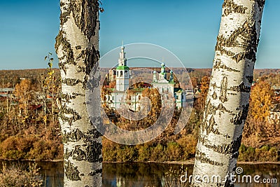 Two birch trunks against a blurred background of the Church of the Transfiguration of the Lord in Kungur. Editorial Stock Photo