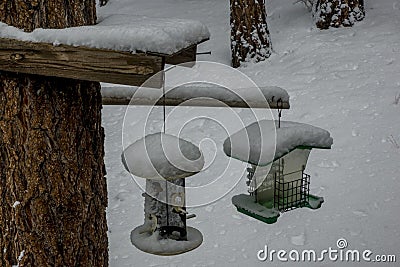 Two Bird Feeders in Snow Stock Photo
