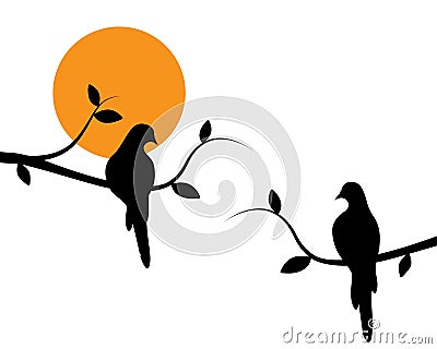 Birds couple silhouette on branch on sunset, Vector. Wall decals, couple of birds in love, art decoration, wall decor Vector Illustration