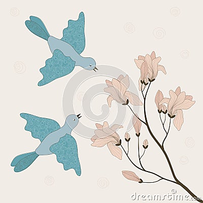 Two Birds and Blooming Branch Vector Illustration