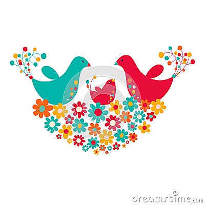 Two birds with chicks in the nest of flowers Vector Illustration