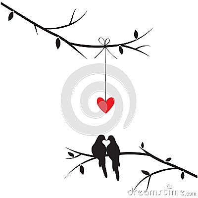 Birds Couple Silhouettes on branch Vector, Wall Decals, Birds in love with heart illustration, Wall Art, Art Decor Vector Illustration