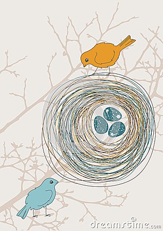 Two Birds and Nest Vector Illustration