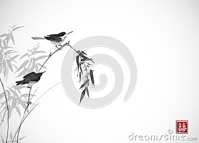 Two birds sitting on bamboo branch. Traditional oriental ink painting sumi-e, u-sin, go-hua. Hieroglyph - double luck. Vector Illustration