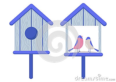 Two birds are sitting in a birdhouse. Bird feeders. Element isolated on white background Vector Illustration