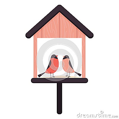 Two birds are sitting in a birdhouse. Bird feeders. Element isolated on white background Vector Illustration