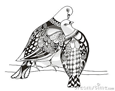 Two birds are sitting on a tree branch, zentangle stylized pigeons, vector, illustration, freehand pencil, love Vector Illustration