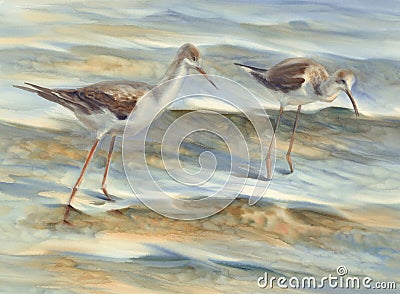 Two birds together by the sea watercolor Stock Photo