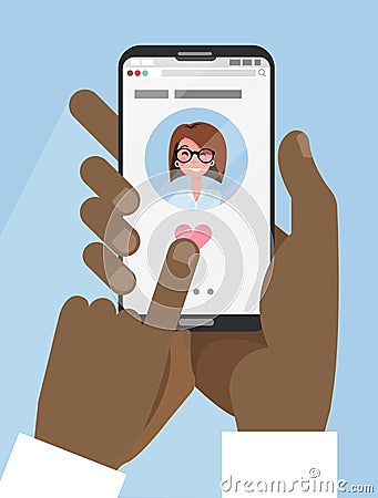 Two black afro male hands hold smartphone with Online dating app on screen. Online dating, long distance relationship. Finger Cartoon Illustration