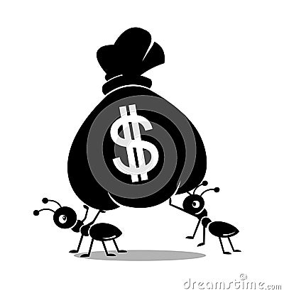 Two black ants carrying money bag Vector Illustration